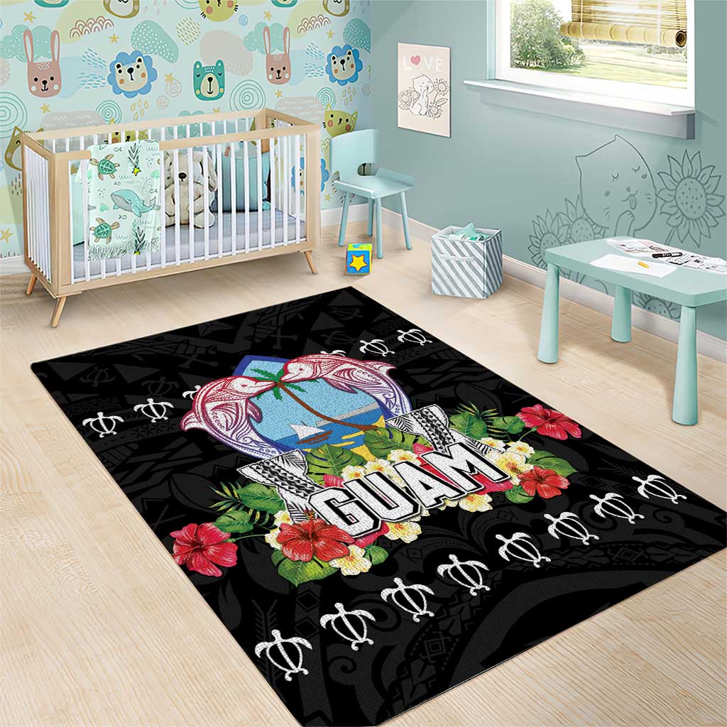 Guam Chamorro Area Rug Tribal Latte Stone With Dolphins Black