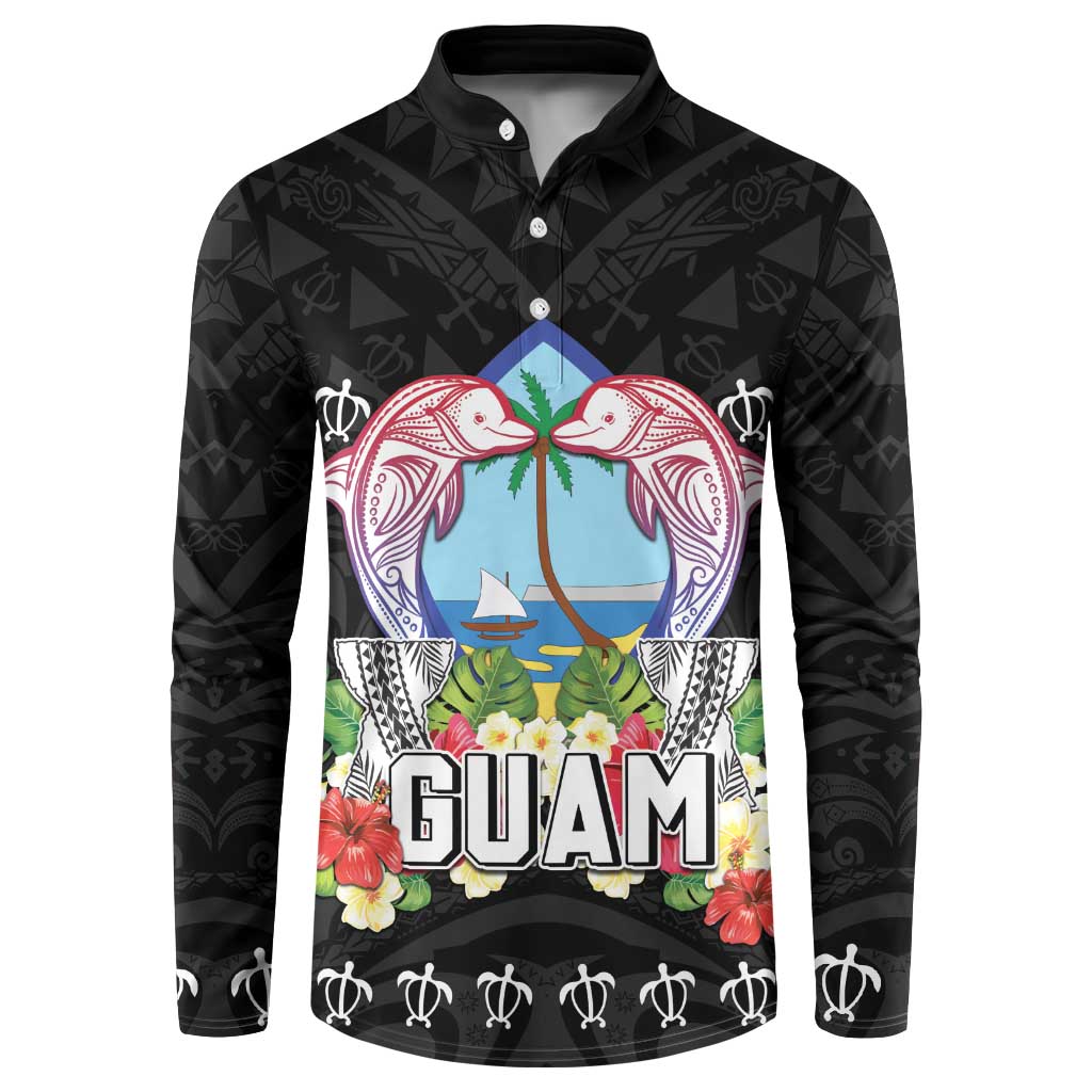 Guam Chamorro Button Sweatshirt Tribal Latte Stone With Dolphins Black