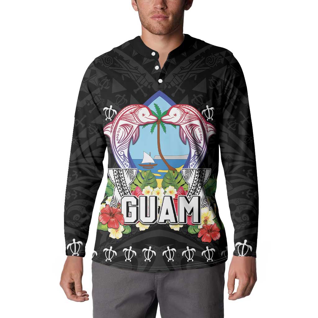 Guam Chamorro Button Sweatshirt Tribal Latte Stone With Dolphins Black