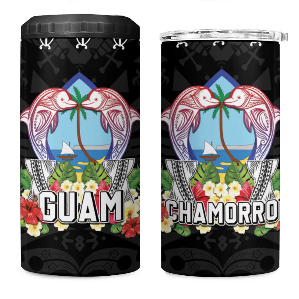 Guam Chamorro 4 in 1 Can Cooler Tumbler Tribal Latte Stone With Dolphins Black