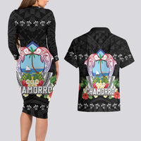 Guam Chamorro Couples Matching Long Sleeve Bodycon Dress and Hawaiian Shirt Tribal Latte Stone With Dolphins Black