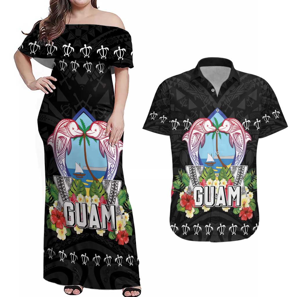 Guam Chamorro Couples Matching Off Shoulder Maxi Dress and Hawaiian Shirt Tribal Latte Stone With Dolphins Black