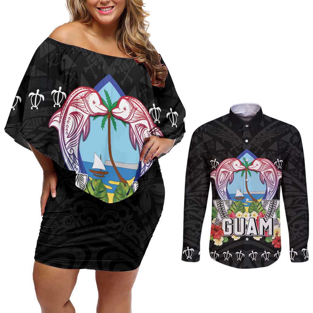 Guam Chamorro Couples Matching Off Shoulder Short Dress and Long Sleeve Button Shirt Tribal Latte Stone With Dolphins Black