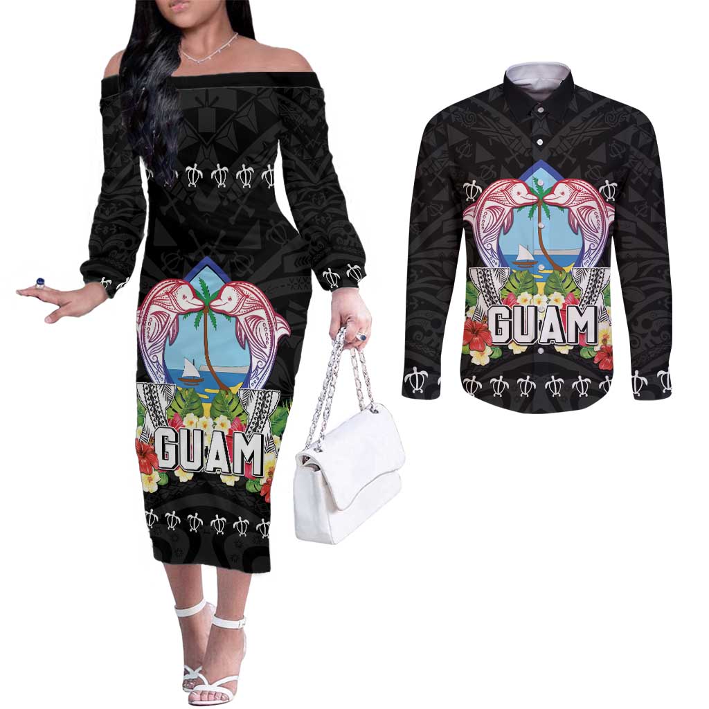 Guam Chamorro Couples Matching Off The Shoulder Long Sleeve Dress and Long Sleeve Button Shirt Tribal Latte Stone With Dolphins Black