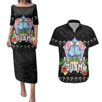 Guam Chamorro Couples Matching Puletasi and Hawaiian Shirt Tribal Latte Stone With Dolphins Black