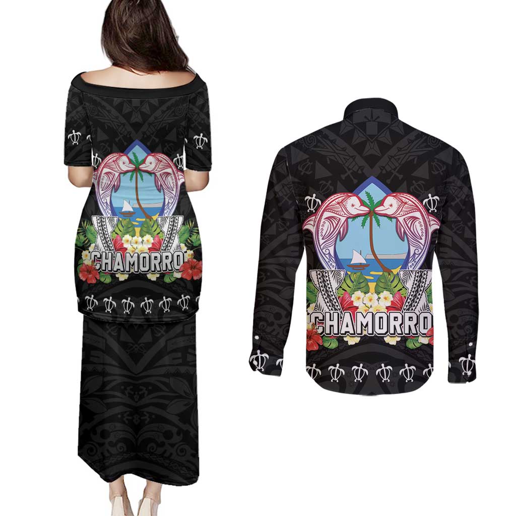 Guam Chamorro Couples Matching Puletasi and Long Sleeve Button Shirt Tribal Latte Stone With Dolphins Black