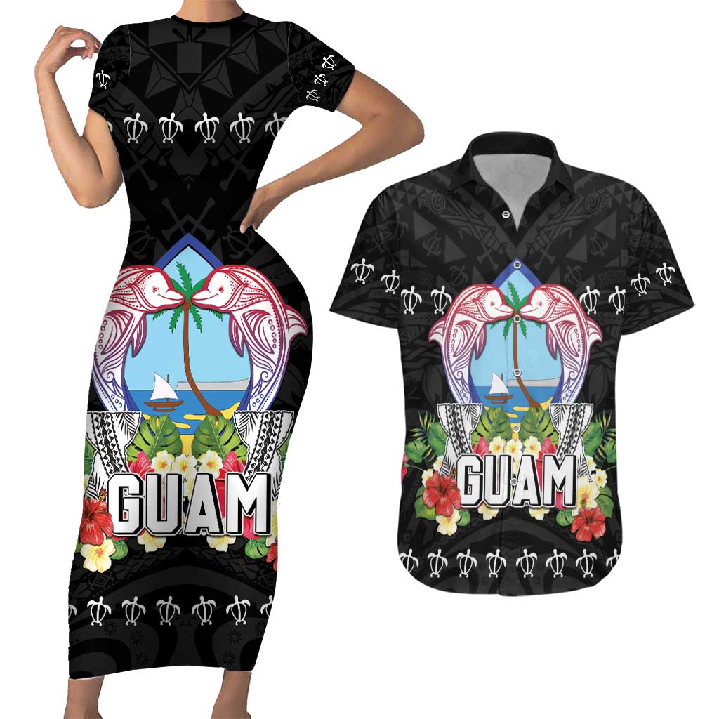 Guam Chamorro Couples Matching Short Sleeve Bodycon Dress and Hawaiian Shirt Tribal Latte Stone With Dolphins Black