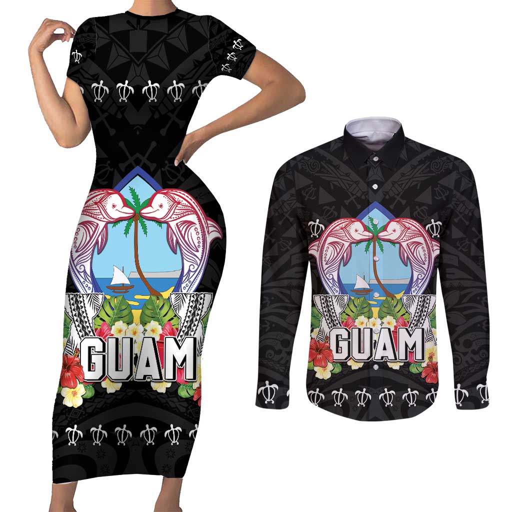 Guam Chamorro Couples Matching Short Sleeve Bodycon Dress and Long Sleeve Button Shirt Tribal Latte Stone With Dolphins Black