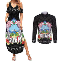Guam Chamorro Couples Matching Summer Maxi Dress and Long Sleeve Button Shirt Tribal Latte Stone With Dolphins Black