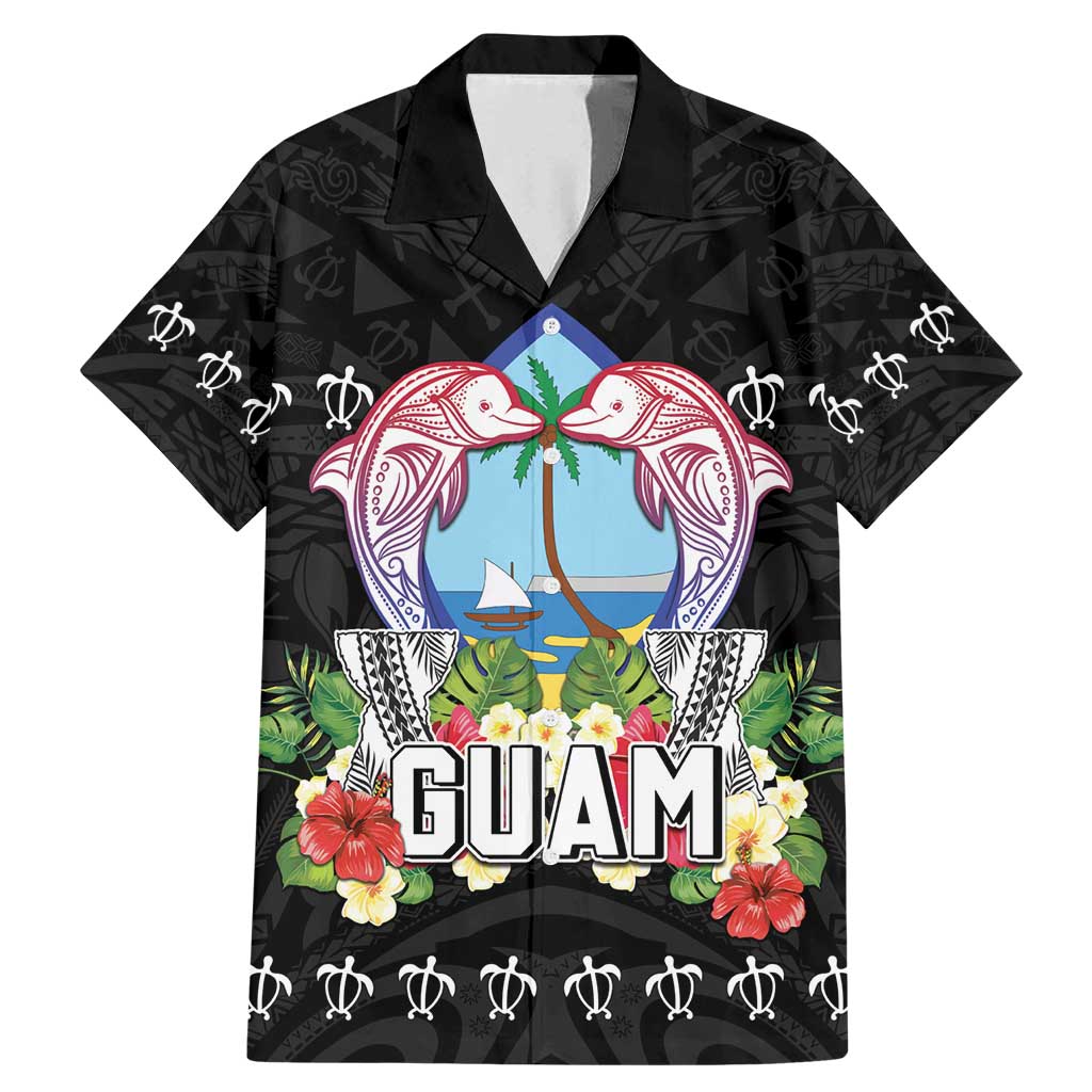 Guam Chamorro Family Matching Mermaid Dress and Hawaiian Shirt Tribal Latte Stone With Dolphins Black