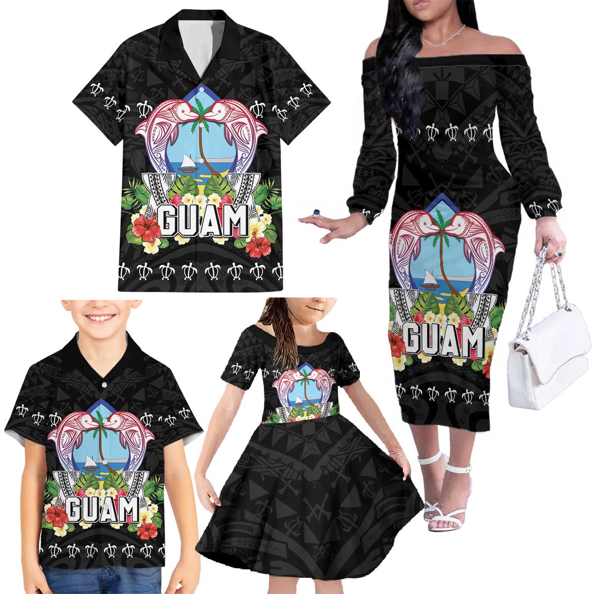 Guam Chamorro Family Matching Off The Shoulder Long Sleeve Dress and Hawaiian Shirt Tribal Latte Stone With Dolphins Black LT05 - Polynesian Pride
