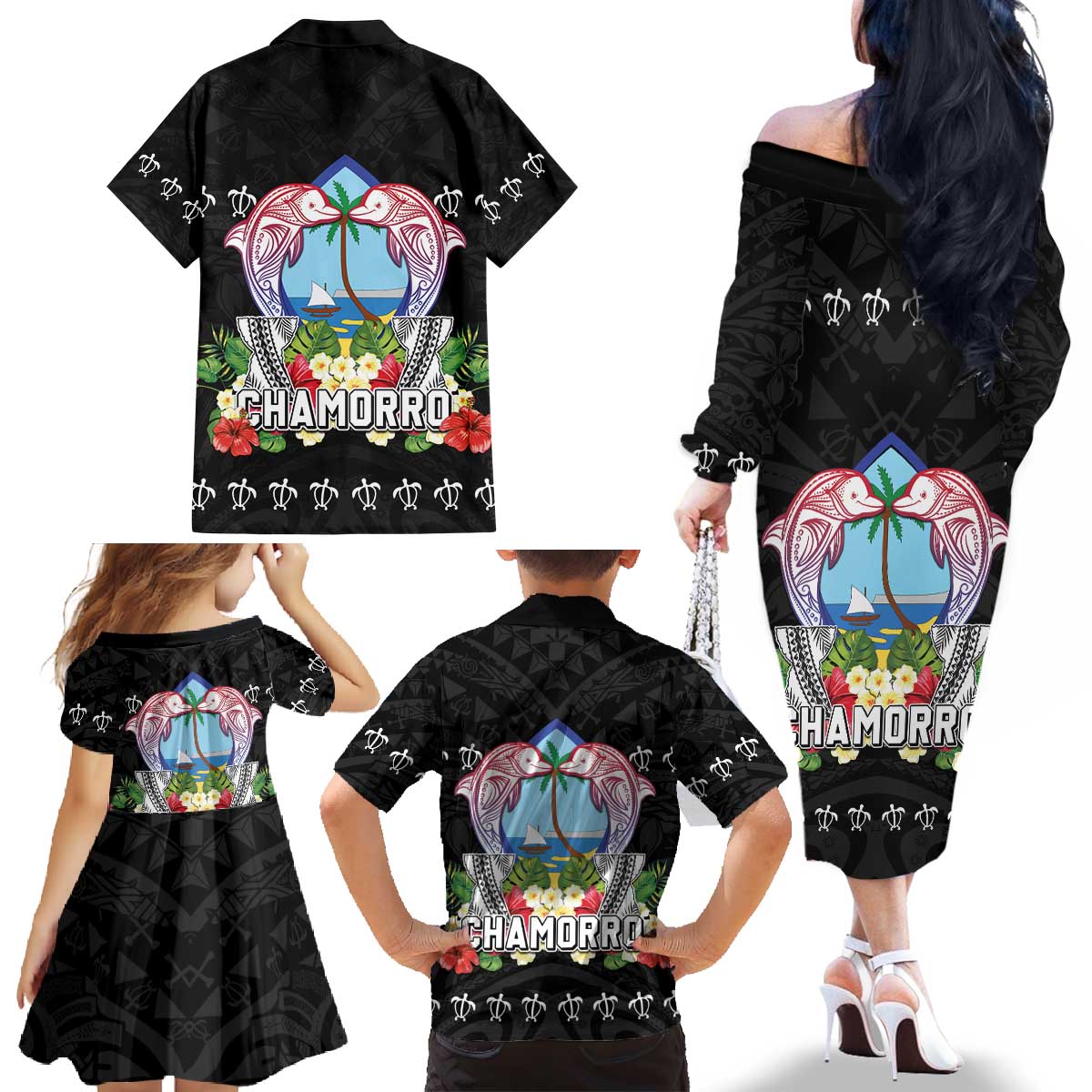 Guam Chamorro Family Matching Off The Shoulder Long Sleeve Dress and Hawaiian Shirt Tribal Latte Stone With Dolphins Black LT05 - Polynesian Pride