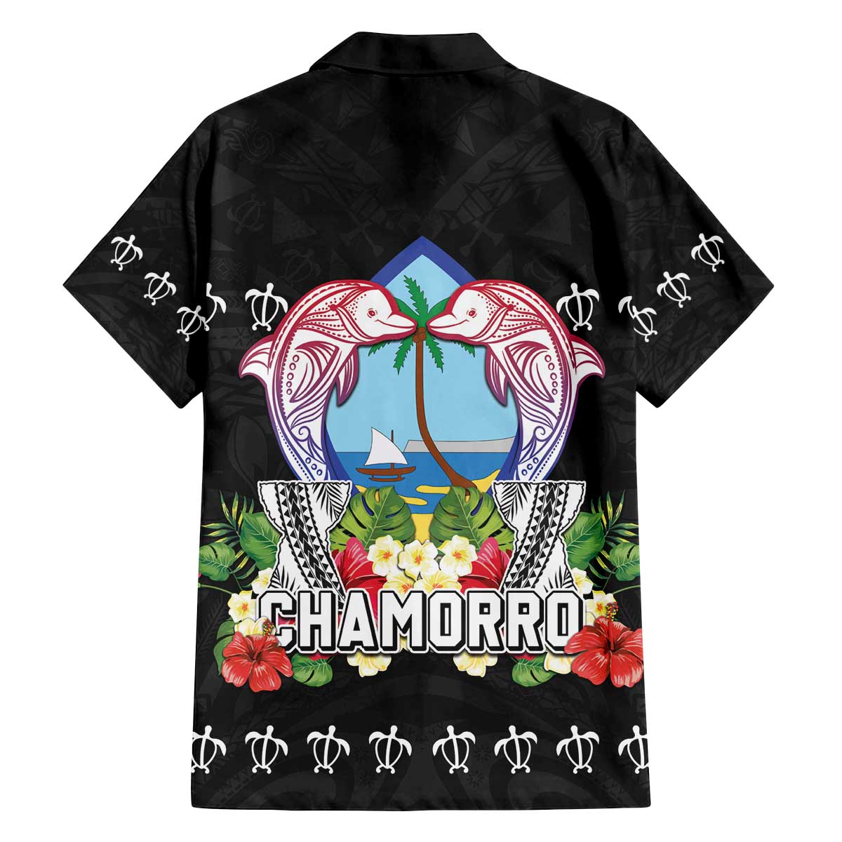 Guam Chamorro Family Matching Off The Shoulder Long Sleeve Dress and Hawaiian Shirt Tribal Latte Stone With Dolphins Black LT05 - Polynesian Pride