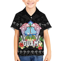 Guam Chamorro Family Matching Off The Shoulder Long Sleeve Dress and Hawaiian Shirt Tribal Latte Stone With Dolphins Black LT05 Son's Shirt Black - Polynesian Pride