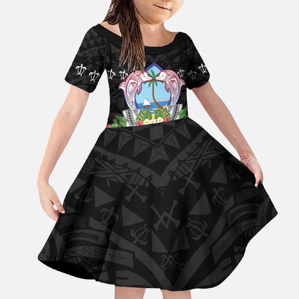 Guam Chamorro Family Matching Off Shoulder Maxi Dress and Hawaiian Shirt Tribal Latte Stone With Dolphins Black LT05 Daughter's Dress Black - Polynesian Pride
