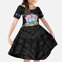 Guam Chamorro Family Matching Off Shoulder Maxi Dress and Hawaiian Shirt Tribal Latte Stone With Dolphins Black LT05 Daughter's Dress Black - Polynesian Pride