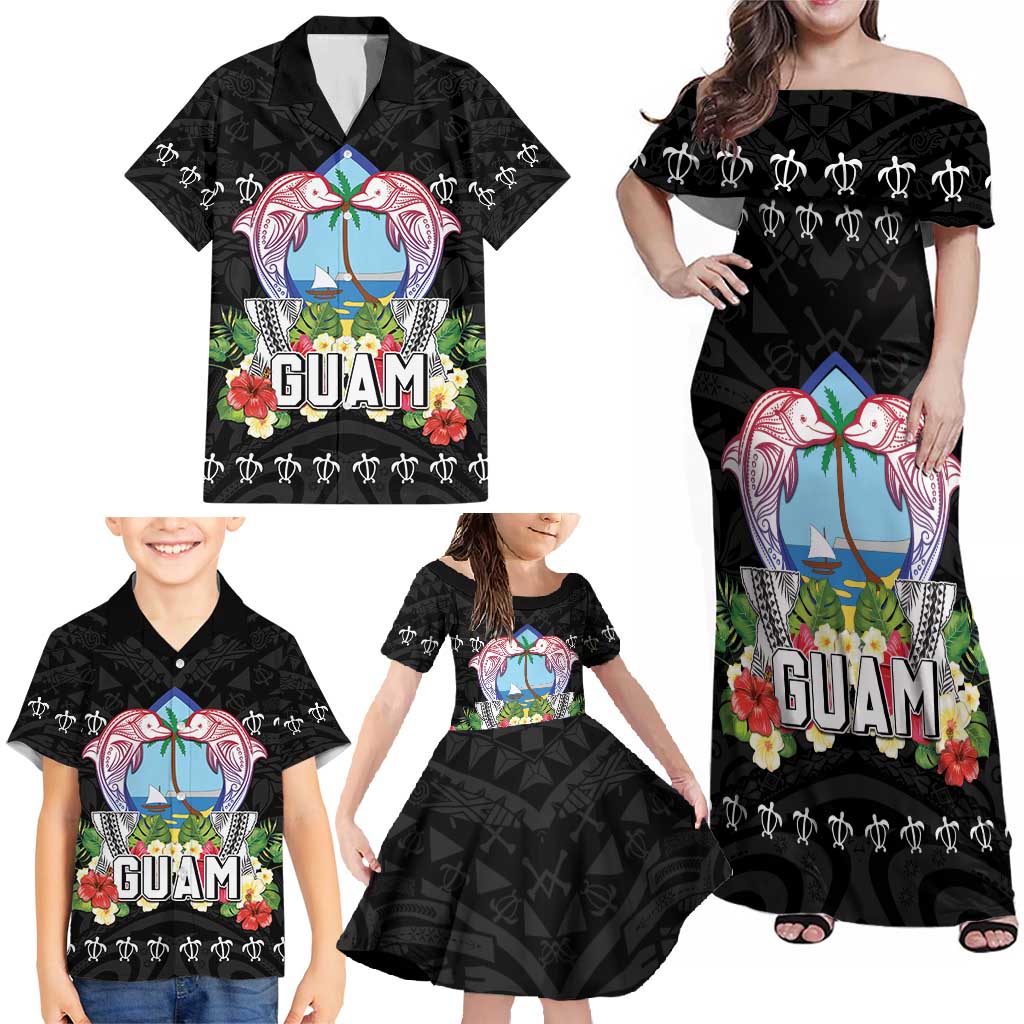 Guam Chamorro Family Matching Off Shoulder Maxi Dress and Hawaiian Shirt Tribal Latte Stone With Dolphins Black LT05 - Polynesian Pride