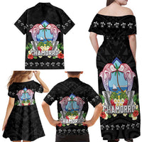 Guam Chamorro Family Matching Off Shoulder Maxi Dress and Hawaiian Shirt Tribal Latte Stone With Dolphins Black LT05 - Polynesian Pride