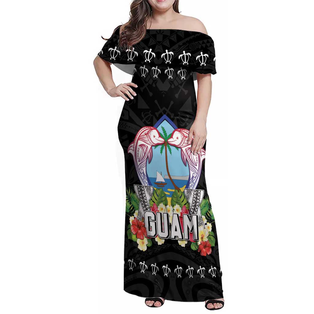 Guam Chamorro Family Matching Off Shoulder Maxi Dress and Hawaiian Shirt Tribal Latte Stone With Dolphins Black LT05 Mom's Dress Black - Polynesian Pride