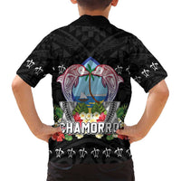 Guam Chamorro Family Matching Off Shoulder Short Dress and Hawaiian Shirt Tribal Latte Stone With Dolphins Black LT05 - Polynesian Pride