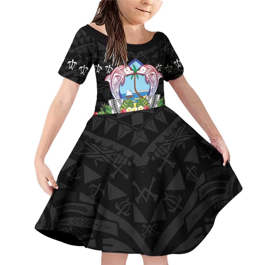 Guam Chamorro Family Matching Off Shoulder Short Dress and Hawaiian Shirt Tribal Latte Stone With Dolphins Black LT05 Daughter's Dress Black - Polynesian Pride