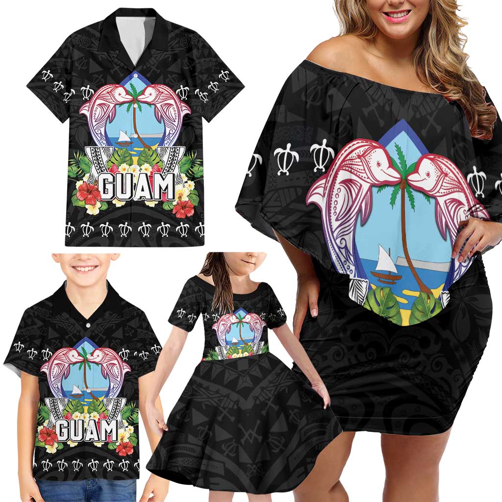 Guam Chamorro Family Matching Off Shoulder Short Dress and Hawaiian Shirt Tribal Latte Stone With Dolphins Black LT05 - Polynesian Pride