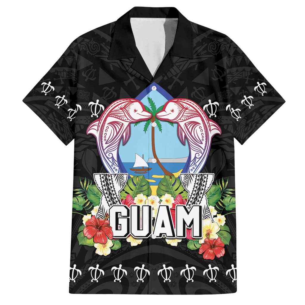 Guam Chamorro Family Matching Off Shoulder Short Dress and Hawaiian Shirt Tribal Latte Stone With Dolphins Black LT05 Dad's Shirt - Short Sleeve Black - Polynesian Pride