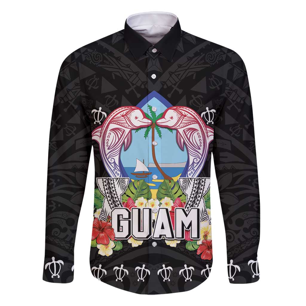 Guam Chamorro Family Matching Off Shoulder Short Dress and Hawaiian Shirt Tribal Latte Stone With Dolphins Black LT05 Dad's Shirt - Long Sleeve Black - Polynesian Pride