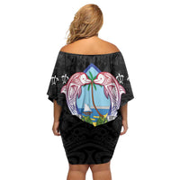 Guam Chamorro Family Matching Off Shoulder Short Dress and Hawaiian Shirt Tribal Latte Stone With Dolphins Black LT05 - Polynesian Pride