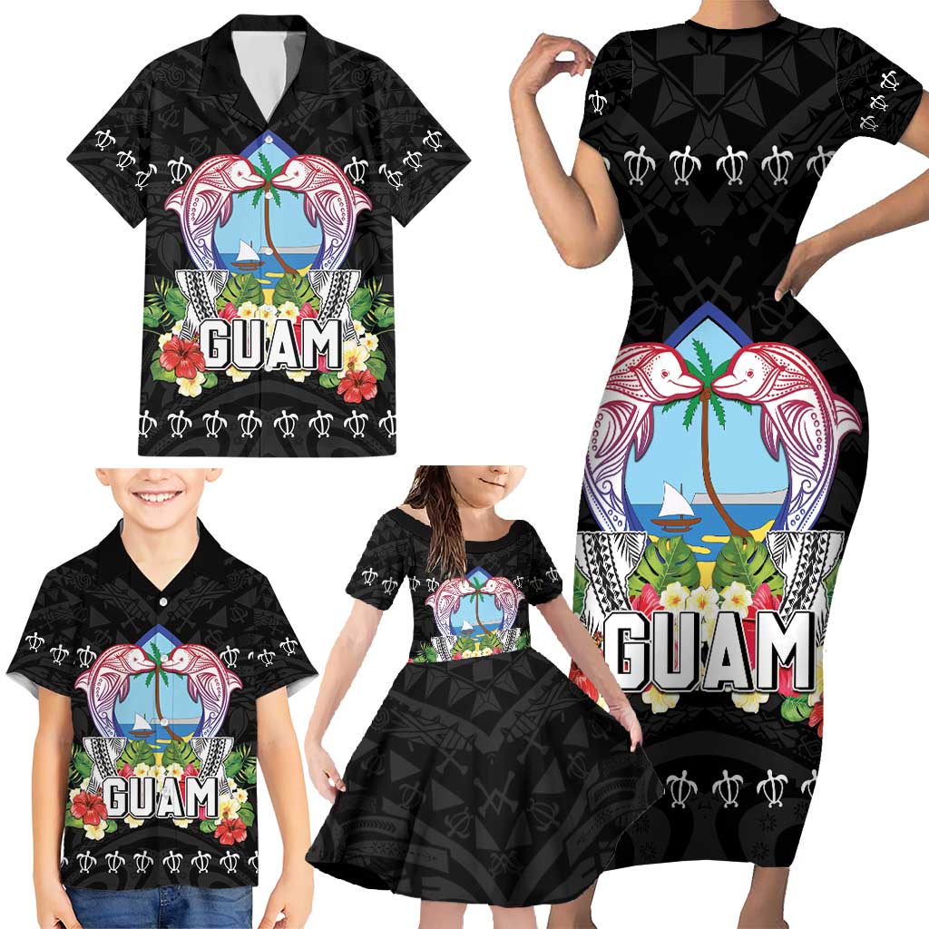 Guam Chamorro Family Matching Short Sleeve Bodycon Dress and Hawaiian Shirt Tribal Latte Stone With Dolphins Black