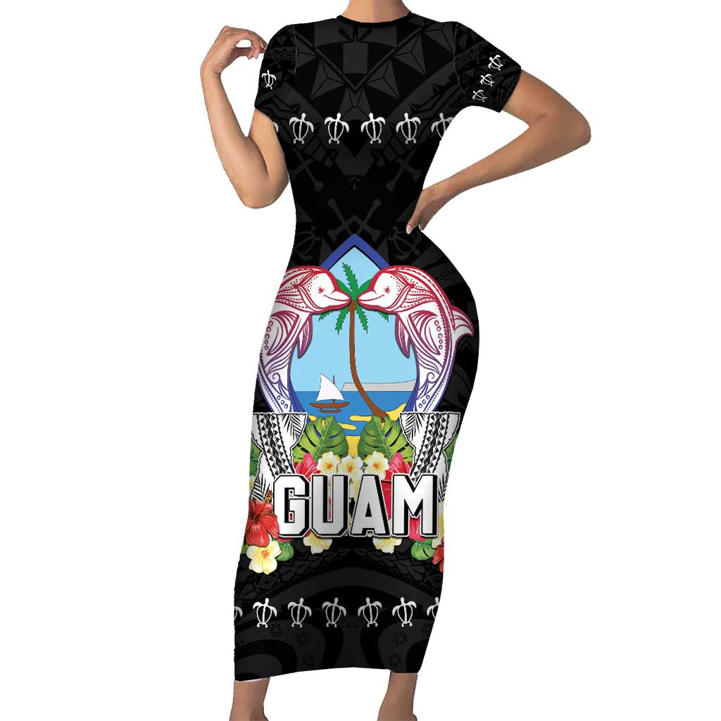 Guam Chamorro Family Matching Short Sleeve Bodycon Dress and Hawaiian Shirt Tribal Latte Stone With Dolphins Black