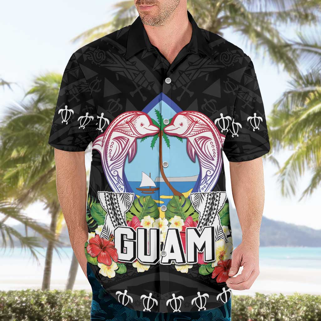 Guam Chamorro Hawaiian Shirt Tribal Latte Stone With Dolphins Black