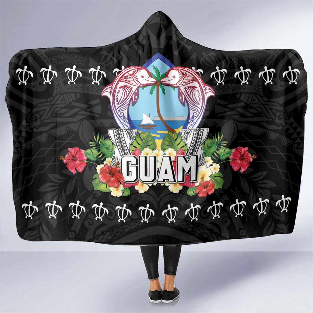Guam Chamorro Hooded Blanket Tribal Latte Stone With Dolphins Black