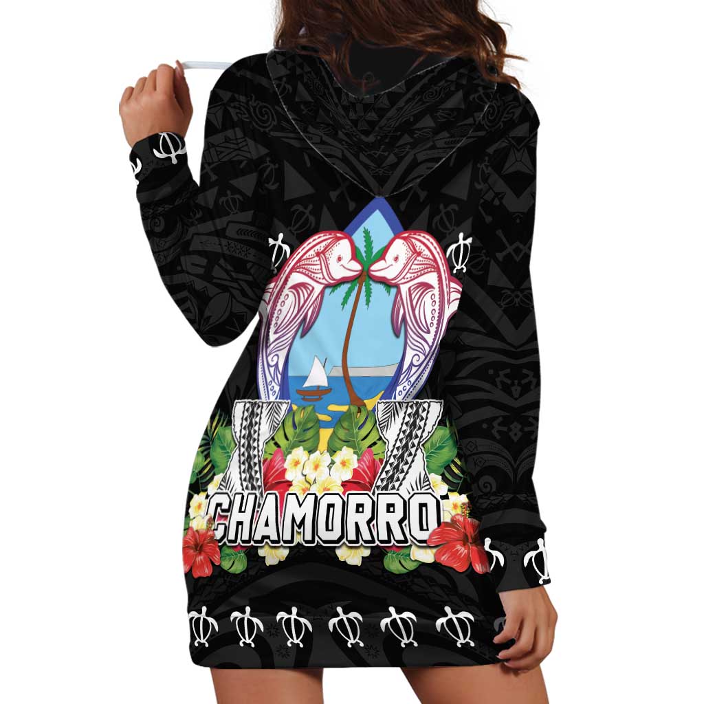 Guam Chamorro Hoodie Dress Tribal Latte Stone With Dolphins Black