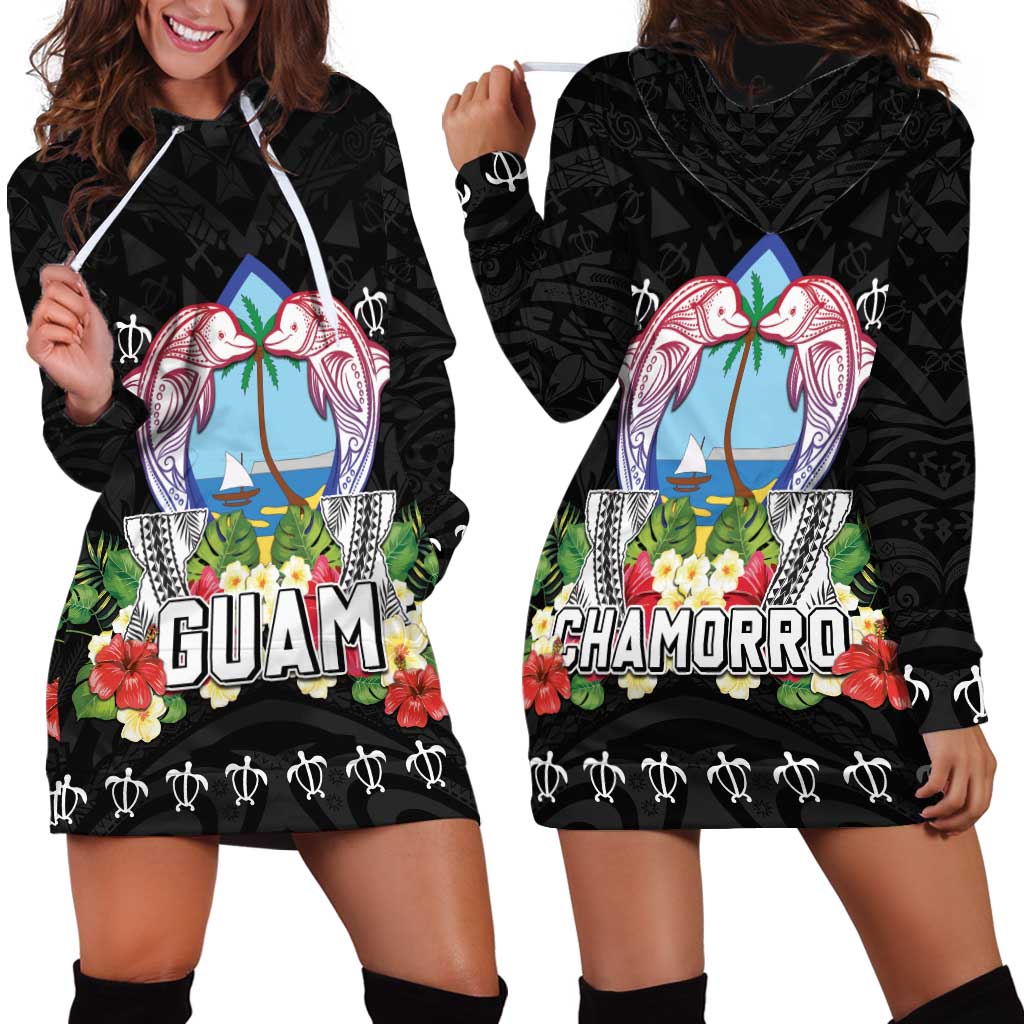Guam Chamorro Hoodie Dress Tribal Latte Stone With Dolphins Black