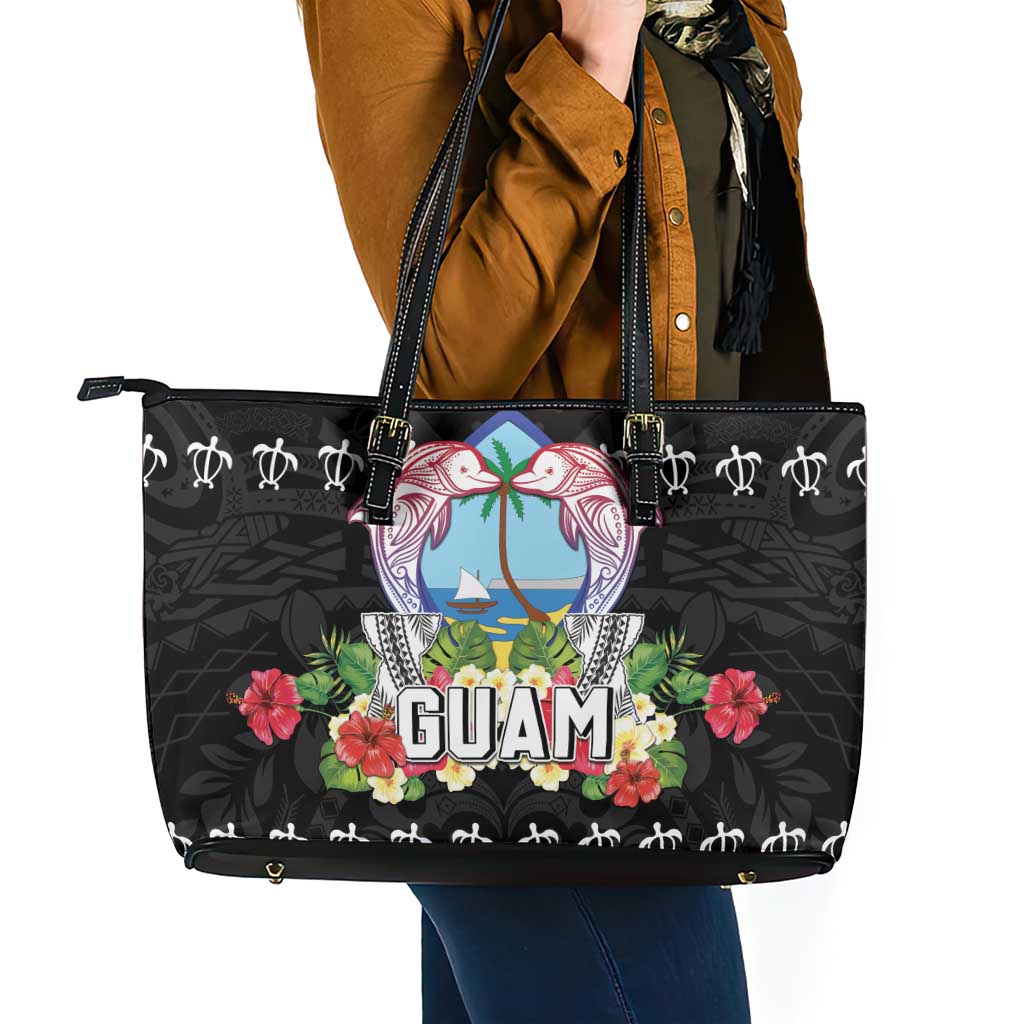 Guam Chamorro Leather Tote Bag Tribal Latte Stone With Dolphins Black
