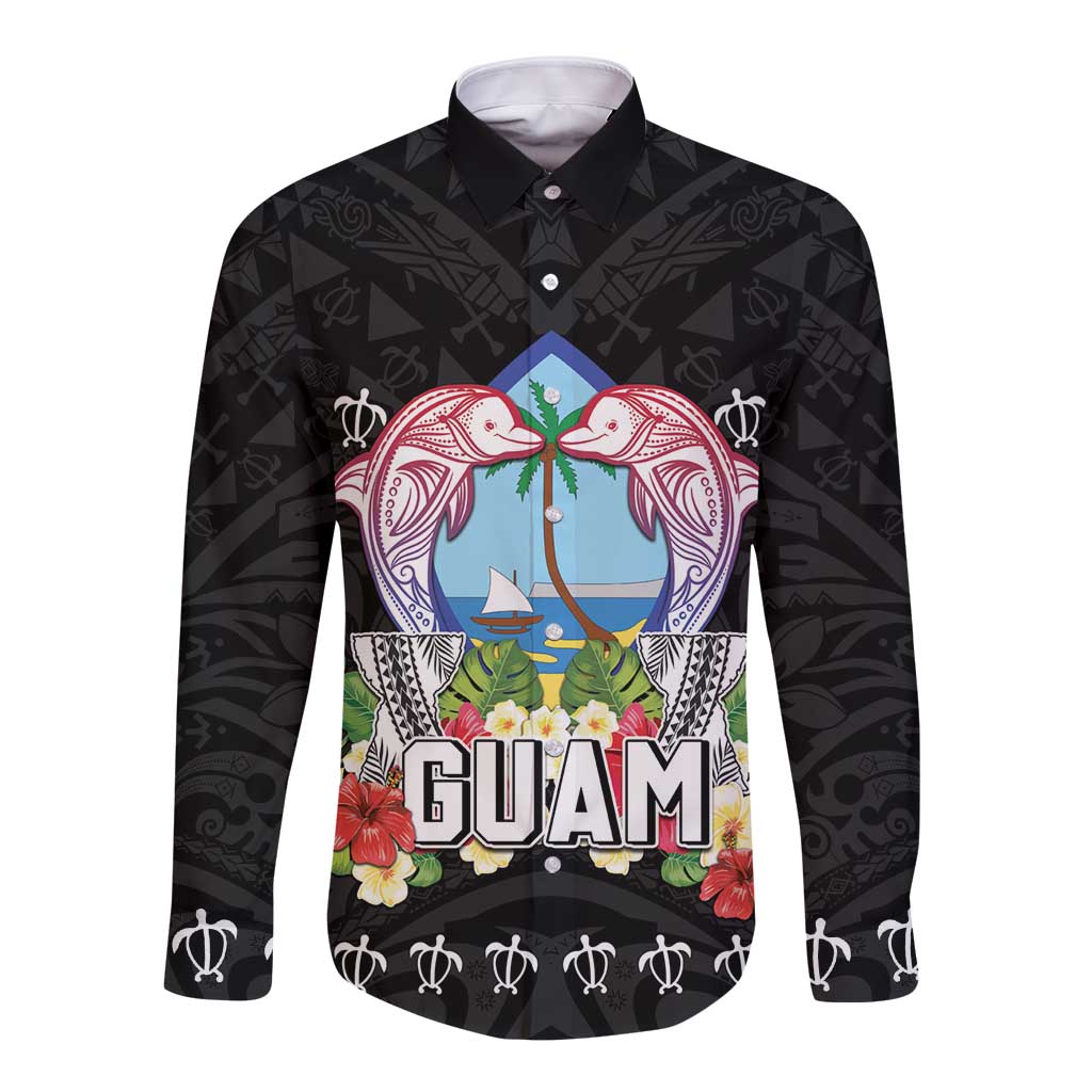 Guam Chamorro Long Sleeve Button Shirt Tribal Latte Stone With Dolphins Black