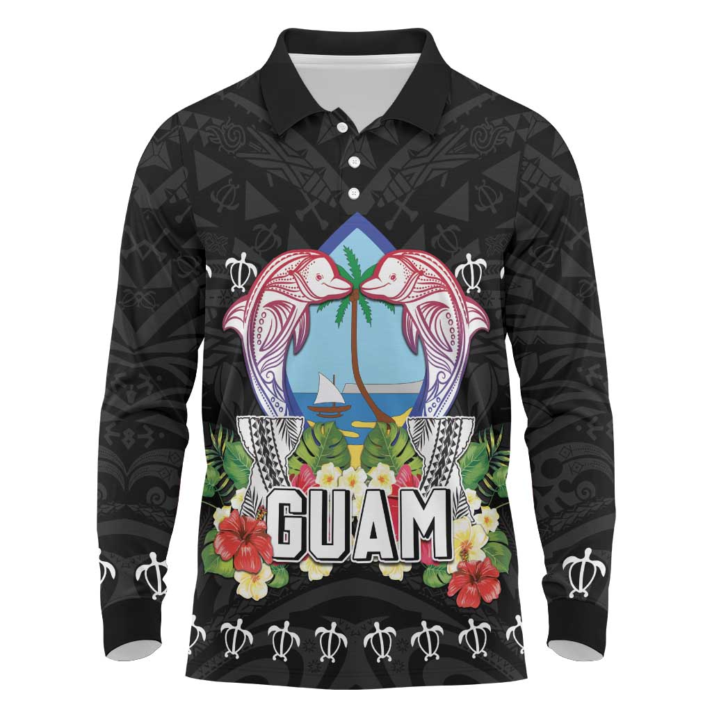Guam Chamorro Long Sleeve Polo Shirt Tribal Latte Stone With Dolphins Black