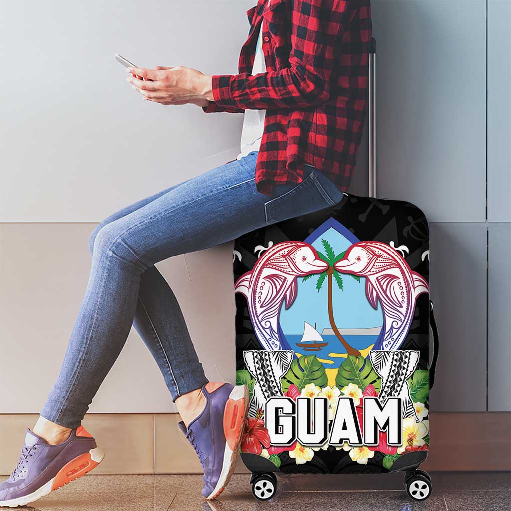 Guam Chamorro Luggage Cover Tribal Latte Stone With Dolphins Black