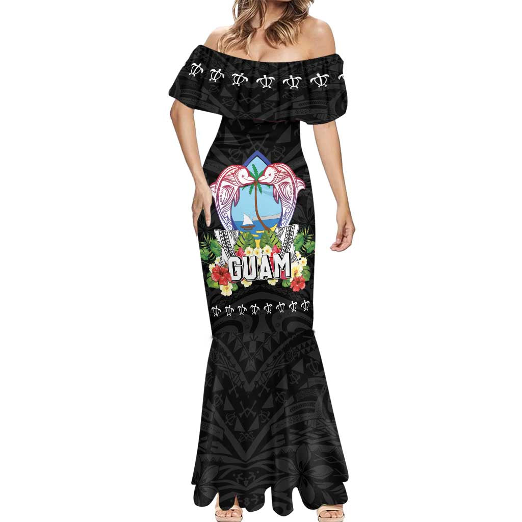 Guam Chamorro Mermaid Dress Tribal Latte Stone With Dolphins Black