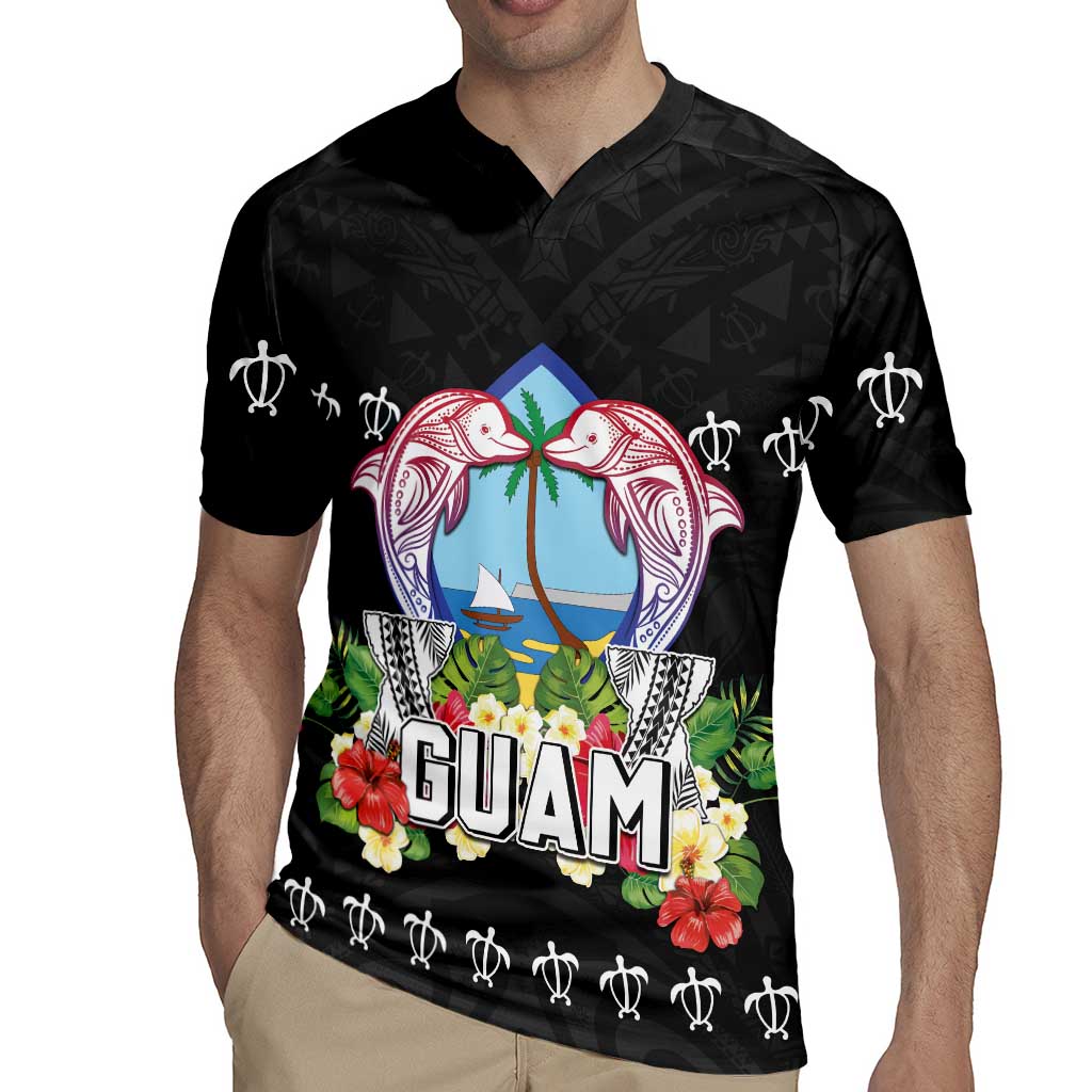 Guam Chamorro Rugby Jersey Tribal Latte Stone With Dolphins Black
