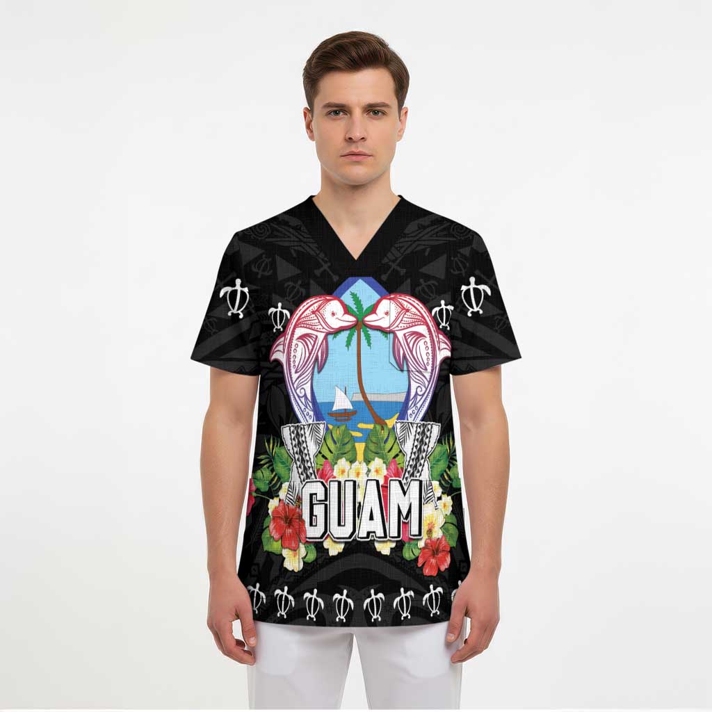 Guam Chamorro Scrub Top Tribal Latte Stone With Dolphins Black - Polynesian Pride