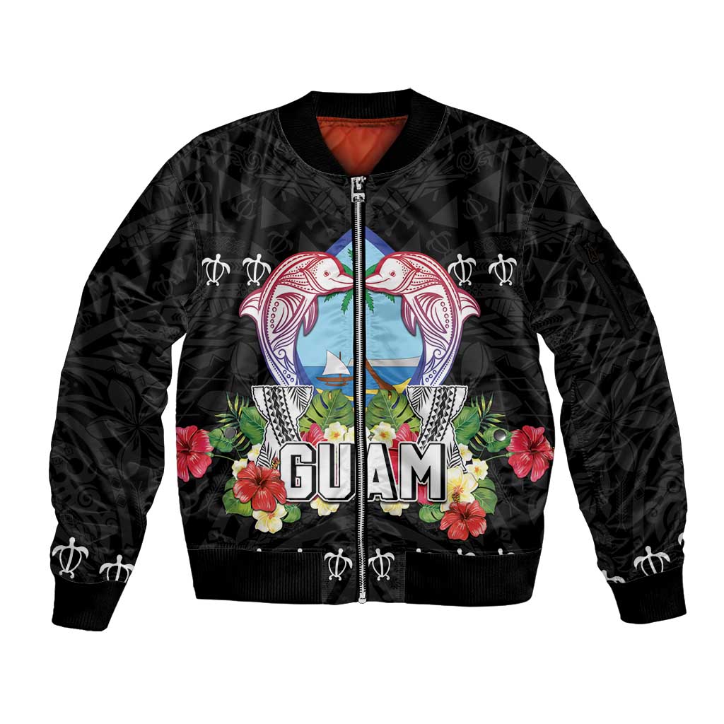 Guam Chamorro Sleeve Zip Bomber Jacket Tribal Latte Stone With Dolphins Black