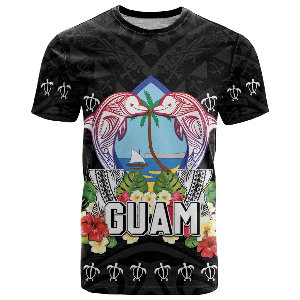Guam Chamorro T Shirt Tribal Latte Stone With Dolphins Black