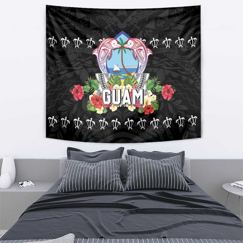 Guam Chamorro Tapestry Tribal Latte Stone With Dolphins Black