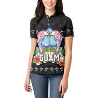 Guam Chamorro Women Polo Shirt Tribal Latte Stone With Dolphins Black