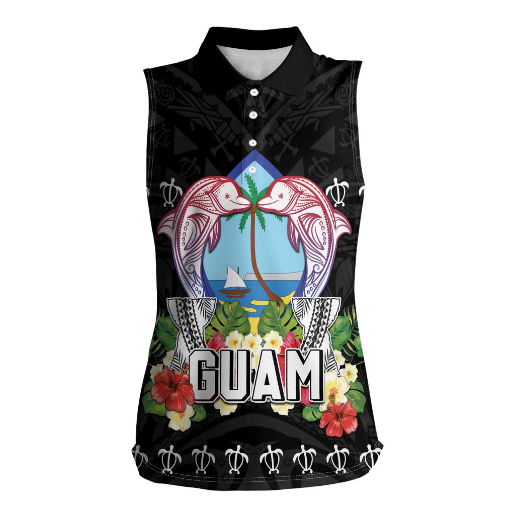 Guam Chamorro Women Sleeveless Polo Shirt Tribal Latte Stone With Dolphins Black