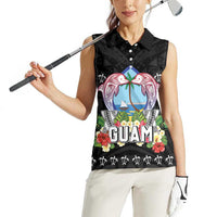 Guam Chamorro Women Sleeveless Polo Shirt Tribal Latte Stone With Dolphins Black
