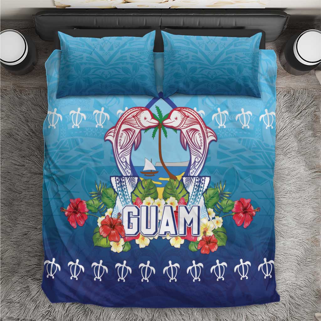 Guam Chamorro Bedding Set Tribal Latte Stone With Dolphins Blue