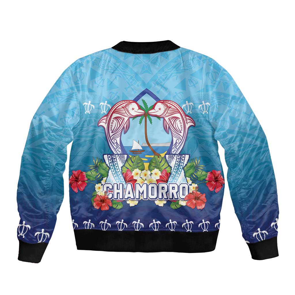 Guam Chamorro Bomber Jacket Tribal Latte Stone With Dolphins Blue